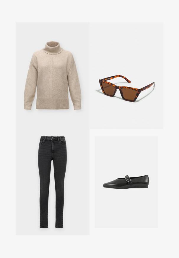 Pull col roulé en laine beige avec manches longues, poignets et ourlet côtelés, et une couture centrale verticale sur le devant.; Jean skinny noir avec taille haute, design à cinq poches, texture en denim lisse et finition délavée. Doté d'une fermeture à glissière et d'un bouton.; Chaussure plate en cuir noir avec un orteil pointu, présentant une sangle à boucle métallique sur le cou-de-pied et une semelle basse et flexible.; Lunettes de soleil teintées de brun avec un motif écaille de tortue, monture angulaire et branches fines. Matériau en plastique léger.