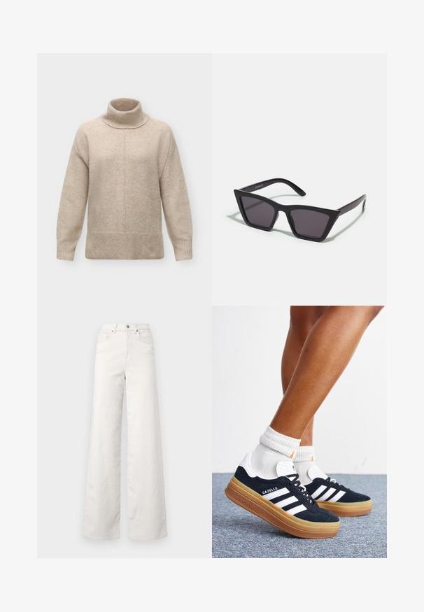 Beige uld rullekrave trøje med lange ærmer, ribstrikkede manchetter og kant samt en central søm, der løber lodret ned foran.; ONLY Tall ONLHOPE GLOBAL HIGH WAIST WIDE - Bukser - pumice stone; Ben iført hvide sokker og sorte Adidas Gazelle sneakers med hvide striber og tykke brune såler på et gråt tæppe.; Sorte, kantede solbriller med grå linser; lavet af plast, med tykke stænger med en glat overflade og ingen synlig hardware.