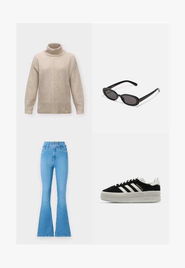 Beige uld rullekrave trøje med lange ærmer, ribstrikkede manchetter og kant samt en central søm, der løber lodret ned foran.; Lyseblå denim flared jeans med høj talje, der har en dobbelte knaplukning og subtile syninger. Glat tekstur overalt.; Sort ruskind sneaker med hvide læderdetaljer, tre hvide striber, flade snørebånd og en tyk grå platformsål. Guldfarvet "Gazelle" branding.; Even&Odd by Zalando Solbriller - black