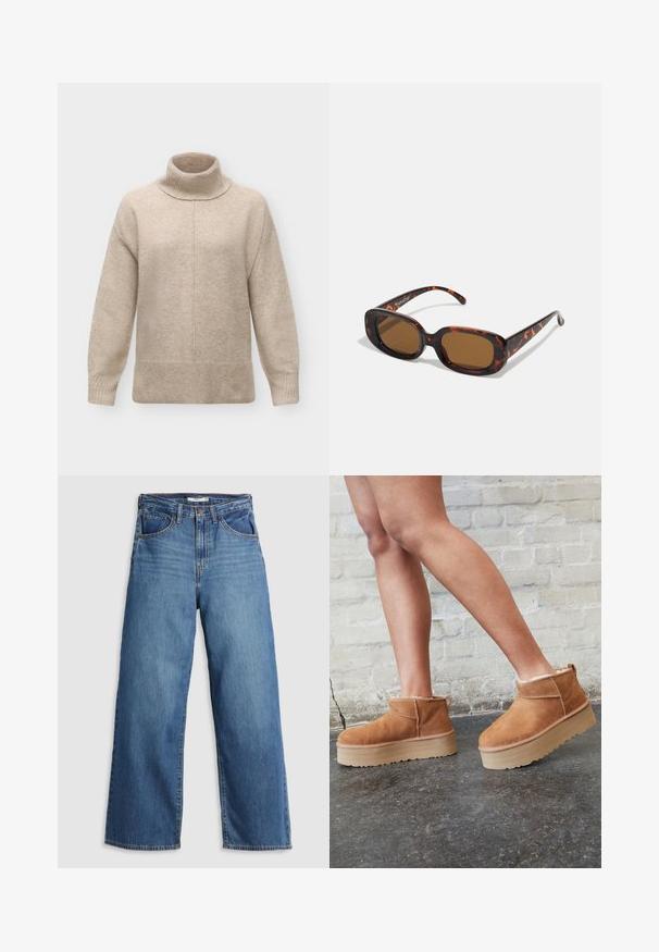 Beige uld rullekrave trøje med lange ærmer, ribstrikkede manchetter og kant samt en central søm, der løber lodret ned foran.; Blå denim brede jeans med høj talje, der har fem lommer, kontrastsyning og lynlås.; Brune ruskinds ankelsko med en blød foring, tyk beige plattformsål og en bageste løkke. Tekstureret overflade med synlige sømdetaljer.; Skildpaddefarvede solbriller med rektangulær form, brune linser, glat plastikskelet og tynde stænger med subtile tonale mønstre.
