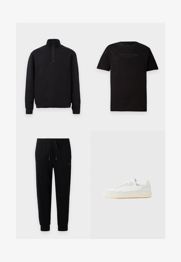 Pull noir à manches longues avec col haut et fermeture éclair à l'avant, posé à plat sur un fond clair.; T-shirt en coton noir avec un col rond et des manches courtes. Sur le devant, on trouve un texte en relief "ARMANI EXCHANGE MILANO / NEW YORK".; Pantalons de sport noirs en mélange de coton, dotés d'une taille élastique avec cordon de serrage, de chevilles côtelées et d'une impression de logo discrète sur le côté.; Baskets blanches avec dessus en daim et cuir texturé. Caractérisées par un bout arrondi, une fermeture à lacets et une semelle en caoutchouc beige contrastante.