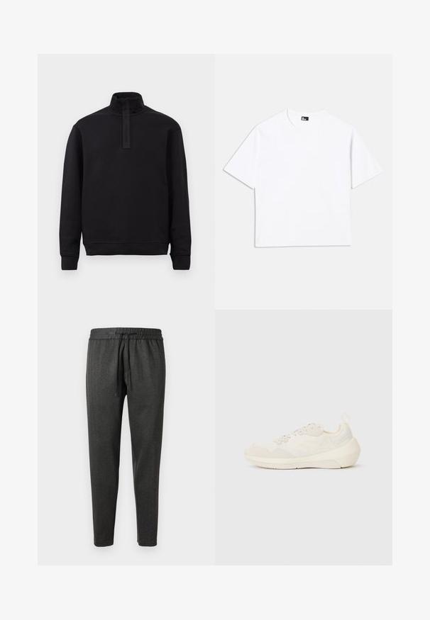 Sort langærmet pullover med høj krave og frontlynlås, lagt fladt på en lys baggrund.; Hvid kortærmet t-shirt lavet af bomuld. Har en klassisk rund hals, afslappet pasform og ingen synlige mønstre eller grafik.; Mørkegrå joggerbukser lavet af tekstureret stof, med elastisk talje og snor. Taperede ben med ingen lommer.; Emporio Armani Sneakers - off white
