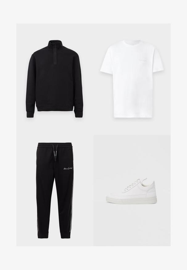 Schwarzer langärmeliger Pullover mit hohem Kragen und Frontreißverschluss, flach auf hellem Untergrund liegend.; Weißes Baumwoll-T-Shirt mit kurzen Ärmeln, Rundhalsausschnitt, mit subtiler grauer Logodruck auf der linken Brustseite und glatter Textur.; Schwarze Jogginghose aus Baumwollmischung mit einem gerippten Bund, seitlichen weißen Streifen und Logo-Stickerei auf dem linken Oberschenkel.; Weißer Ledersneaker mit abgerundetem Zehenbereich, flacher Sohle und Schnürverschluss. Verfügt über Nahtdetails und einen gepolsterten Kragen für zusätzlichen Komfort.