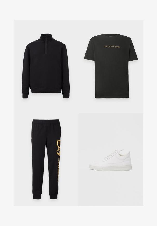 Sort langærmet pullover med høj krave og frontlynlås, lagt fladt på en lys baggrund.; Sort kortærmet T-shirt med rund hals, med "ARMANI EXCHANGE" trykt i guldskrift henover brystet.; Sorte sweatpants lavet af blødt stof, med elastisk talje og afsluttede ankler. Gul branding trykt lodret på venstre ben.; Hvid lædersneaker med rundet tå, flad sål og snørebånd foran. Har syningsdetaljer og polstret krave for komfort.