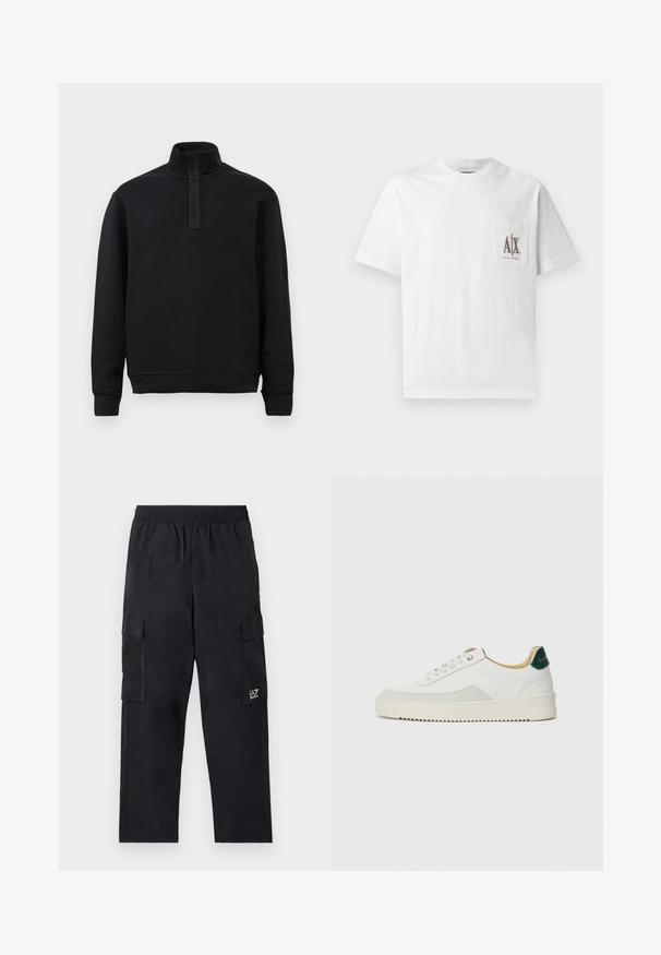 Zwarte trui met lange mouwen, hoge kraag en rits aan de voorkant, plat gelegd op een lichte achtergrond.; Witte katoenen t-shirt met korte mouwen, een ronde halslijn en een linkerklepzak met geborduurd "A|X" logo in bruin.; Zwarte cargobroek met een elastische tailleband, zijzakken en een klein logo op het linkerbeen. Gemaakt van lichtgewicht, soepel materiaal.; Witte sneaker met suède accenten, ronde neus, platte veters en een crème rubberen zool. Bevat groene branding op de hiel.