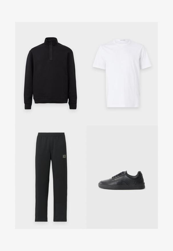 Sort langærmet pullover med høj krave og frontlynlås, lagt fladt på en lys baggrund.; Hvid bomulds t-shirt med rund halsudskæring og korte ærmer. Glat tekstur, lige snit og minimalistisk design uden mønstre eller accenter.; Sorte sweatpants med lige ben, elastisk talje og sort logo-patch på venstre lår.; Sorte lædersneakers med en glat finish, rund tå, struktureret sidelæder og sorte snørebånd. Har en flad gummisål og et minimalistisk design.