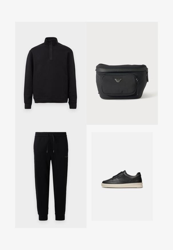 Schwarzer langärmeliger Pullover mit hohem Kragen und Frontreißverschluss, flach auf hellem Untergrund liegend.; Schwarze Jogginghosen aus Baumwollmischung, mit einem elastischen Bund und Kordelzug, Bündchen an den Knöcheln und einem dezenten Logo-Druck an der Seite.; Schwarzer flacher Ledersneaker mit schwarzen Schnürsenkeln und einer dicken, off-white Gummisohle, dargestellt vor weißem Hintergrund.; Schwarze Bauchtasche mit Frontreißverschlusstasche und silbernem Adlerlogo, glattes Gewebe mit strukturiertem Besatz und Reißverschlussanhängern.