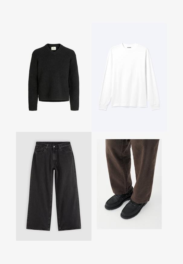 Pull noir en tricot avec un col en V, texture côtelée, manches longues et ourlet droit. Fabriqué à partir d'un matériau doux et épais.; Chemise blanche unie à manches longues avec col rond et poignets côtelés, présentée sur un fond clair neutre.; Jean en denim noir à jambes larges avec poches avant, passants pour ceinture et fermeture par boutons, présenté sur un fond clair uni.; Chaussures en cuir noir avec une finition lisse, bout arrondi et design à lacets, associées à un pantalon marron texturé. Vue en contre-plongée.