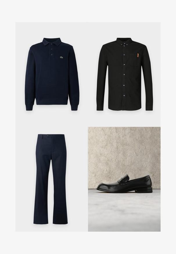 Camisa polo de manga larga azul marino con tapeta de botones y pequeño logo de cocodrilo verde en el pecho.; Camisa negra de manga larga hecha de algodón, con cierre de botones en el frente, bolsillo en el pecho con un detalle en color beige y botones azules.; Pantalones azul marino hechos de una mezcla de algodón, con un diseño de pierna recta, cierre de un solo botón y dobladillo alargado.; Mocasín negro de cuero con detalle metálico, mostrado suspendido sobre una alfombra beige, con una mesa redonda de color ámbar en el fondo.