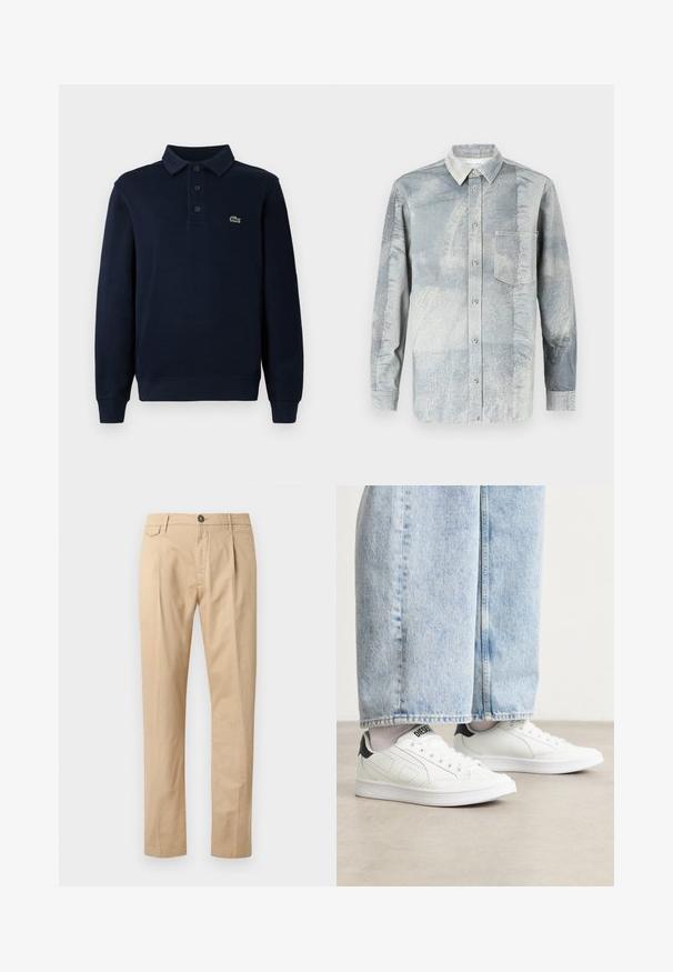 Navyblaues Langarm-Polohemd mit Knopfleiste und kleinem grünen Krokodil-Logo auf der Brust.; Hemd in Hellblau mit strukturiertem Muster, mit Kragen, langen Ärmeln und einer Brusttasche.; Beige Baumwollhosen für Herren im Straight-Leg-Schnitt mit Fronttaschen, Gürtelschlaufen, Knopfverschluss und Reißverschluss auf einem weißen Hintergrund.; Weiße Sneaker mit einer glatten Ledertextur, schwarzen Fersenakzenten und perforierten Details. Kombiniert mit hellblauen, weiten Jeanshosen.