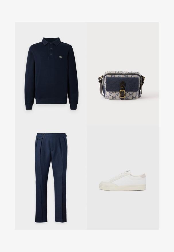Camisa polo de manga larga azul marino con tapeta de botones y pequeño logo de cocodrilo verde en el pecho.; Pantalones entallados azul marino con pliegues frontales, pestaña lateral con botón en la cintura y piernas rectas.; Zapatilla blanca con parte superior de lona texturizada, detalles lisos beige en el talón y suela de goma. Presenta puntera redondeada y diseño con cordones.; Pequeño bolso bandolera rectangular con patrón azul y blanco, con bolsillo delantero azul marino, correa con hebilla de cuero negro y correa de hombro ajustable.