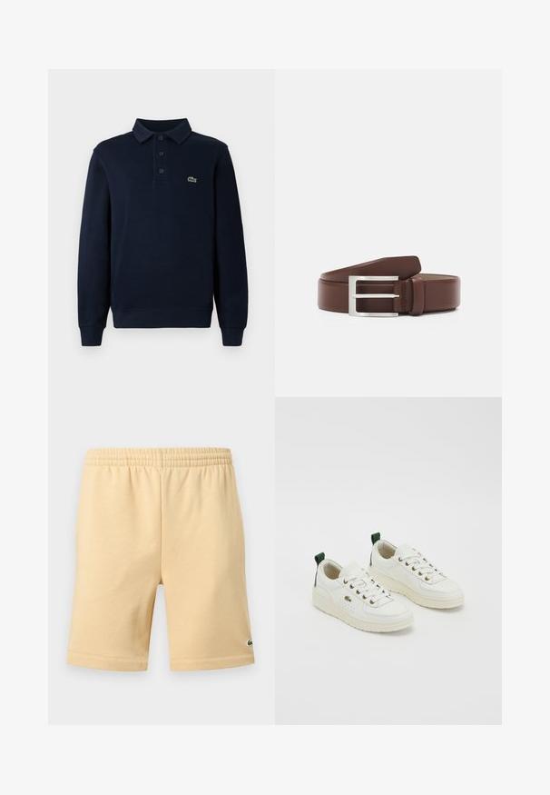 Navyblaues Langarm-Polohemd mit Knopfleiste und kleinem grünen Krokodil-Logo auf der Brust.; Beige legere Shorts mit elastischem Bund und kleinem grünen Sticklogo am unteren rechten Bein.; Weiße Ledersneaker mit grünen Akzenten, Schnürdesign, goldenen Ösen und strukturierten Paneelen. Dicke cremefarbene Gummisohle.; Brauner Ledergürtel mit einer rechteckigen silbernen Metallschnalle, die eine glatte Textur und ein klassisches Design aufweist.