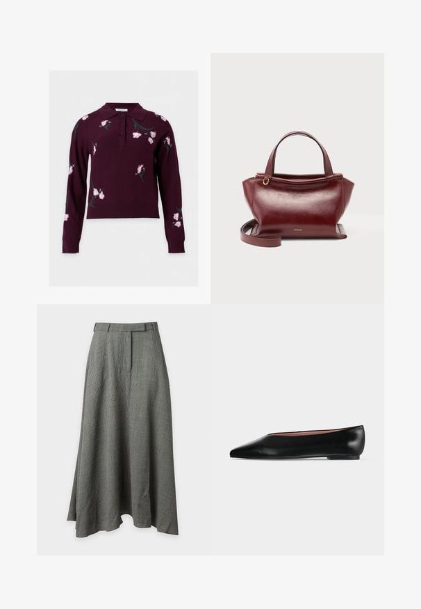Pull en maille violet foncé à manches longues avec col, patte de boutonnage et motifs floraux rose clair avec tiges vertes éparpillés sur l'ensemble du vêtement.; Jupe midi gris texturée, taille haute, coupe trapèze, avec passants pour ceinture et fermeture avant invisible sur fond uni.; Chaussure plate en cuir noir pour femme, avec bout pointu et petit talon, vue de côté sur un fond gris clair uni.; Sac à main en cuir rouge foncé avec doubles poignées supérieures, bandoulière amovible, ferrures dorées et nom de la marque Wandler au centre avant.