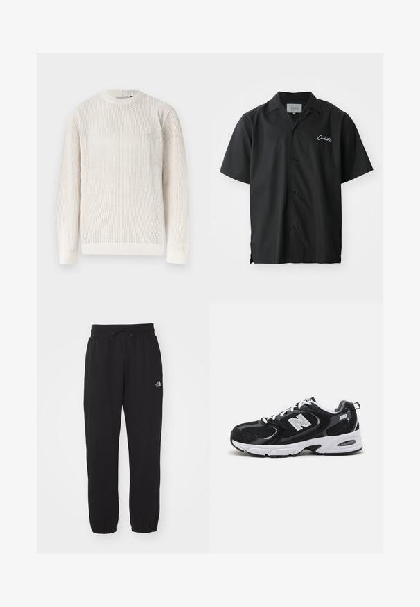Pull en tricot à manches longues de couleur crème avec un motif en nid d'abeille texturé et un col, des poignets et un ourlet côtelés.; Chemise noire à manches courtes avec boutons, dotée d'un col de type camp, comportant un logo brodé blanc sur la poitrine et une coupe décontractée.; Pantalons de survêtement noirs en tissu doux, dotés d'une taille élastique avec cordon de serrage, de chevilles resserrées et d'un petit logo sur la cuisse supérieure.; Baskets de sport noires et grises avec un tige en mesh et en suède, présentant une semelle intermédiaire blanche, des lacets et un logo "N" audacieux sur le côté.