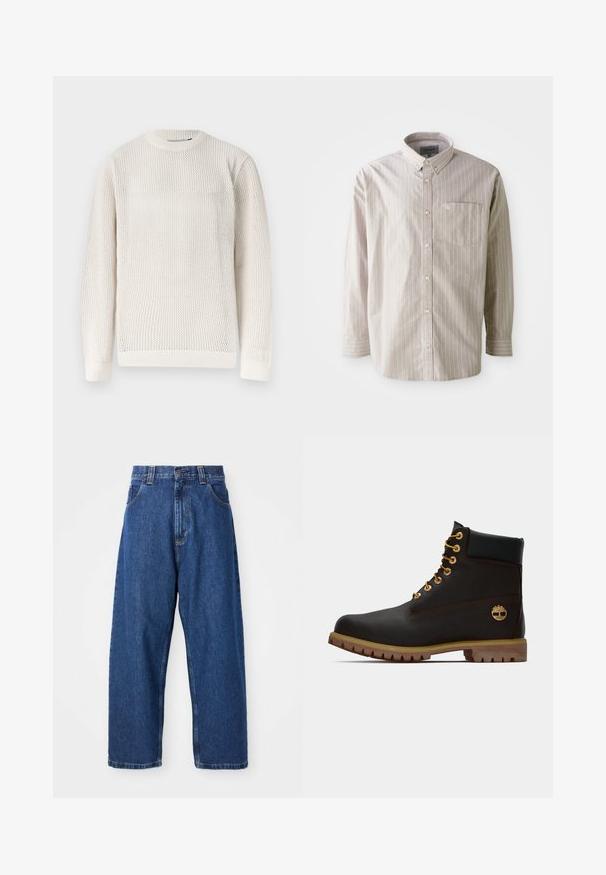 Pull en tricot à manches longues de couleur crème avec un motif en nid d'abeille texturé et un col, des poignets et un ourlet côtelés.; Chemise boutonnée beige clair avec des rayures blanches verticales, à manches longues et avec une poche poitrine ; fabriquée en coton avec une texture lisse.; Jean large en denim bleu foncé. Présente une taille haute, des passants de ceinture et un design classique à cinq poches. Ourlet piqué avec une finition soignée.; Bottine noire en cuir avec œillets dorés, accents marron et semelle en caoutchouc. Comprend un col rembourré et un logo estampé sur le côté.