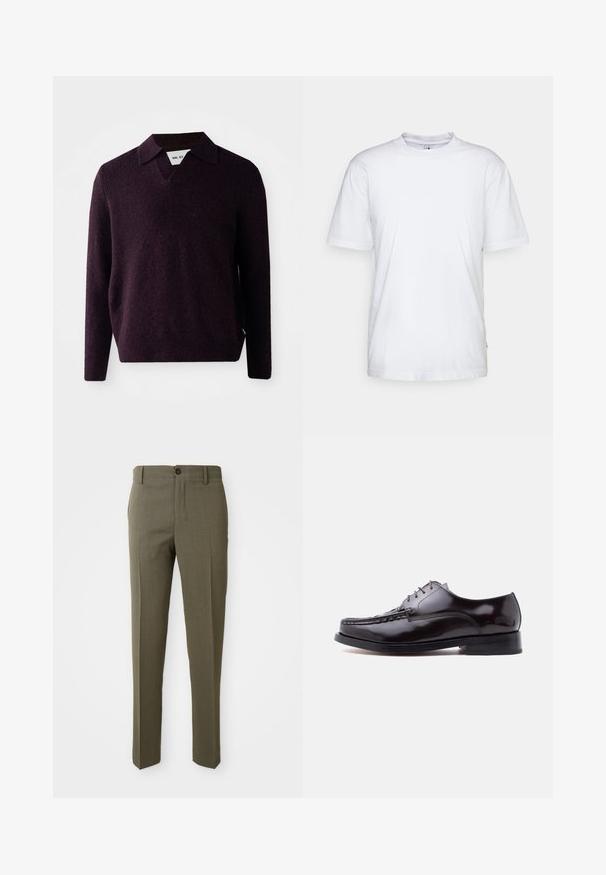 Gebreide trui in donkerpaars met een V-hals, lange mouwen, en een gestructureerde afwerking. Voorzien van een klassieke kraag en zijlabel.; Witte katoenen t-shirt met een ronde hals, korte mouwen en een rechte zoom. Heeft een klein merktag aan de linkerkant van de zijnaad.; Olijfgroene op maat gemaakte broeken met een gladde textuur, recht pijpdesign, enkele frontknop en zijzakken voor functionaliteit.; Donkerbruine leren veterschoen met gestikte teenafwerking en lage hak op een witte achtergrond.