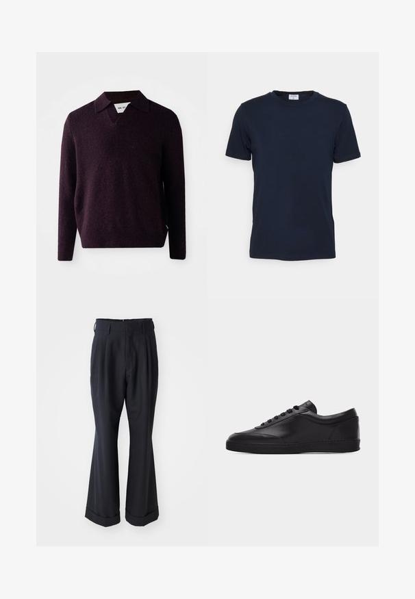 Gebreide trui in donkerpaars met een V-hals, lange mouwen, en een gestructureerde afwerking. Voorzien van een klassieke kraag en zijlabel.; Marineblauwe crewneck t-shirt gemaakt van zachte stof. Korte mouwen met een klassieke pasvorm, met een label aan de hals. Soepele textuur, minimale uitstraling.; Zwarte op maat gemaakte broek met een ontspannen pasvorm, geplooide voorkant en brede pijpen. Voorzien van een omgeslagen zoom en een soepele stoftextuur.; Zwarte lage leren sneaker met vetersluiting aan de voorkant en een platte rubberen zool, gezien van de zijkant tegen een effen witte achtergrond.