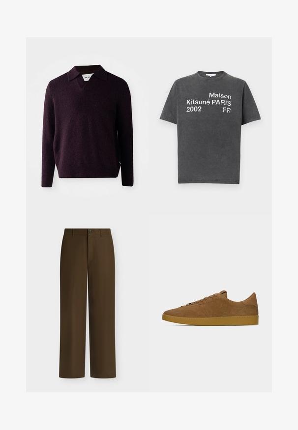 Striktrøje i mørk lilla med V-hals, lange ærmer og en struktureret overflade. Har en klassisk krave og sidestribe.; Koksgrå T-shirt med korte ærmer og hvidt trykt tekst: "Maison Kitsuné PARIS 2002 FR" på forsiden, rund halsudskæring, afslappet stil.; Brune bukser med lige ben, bæltestropper, forreste lukning med knap og lynlås, vist på en ensfarvet lys baggrund.; Brun ruskind lav-top sneaker med matchende snørebånd og gummisål, vist i venstre sideprofil på ensartet lysegrå baggrund.