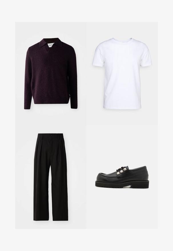Gebreide trui in donkerpaars met een V-hals, lange mouwen, en een gestructureerde afwerking. Voorzien van een klassieke kraag en zijlabel.; Witte katoenen t-shirt met korte mouwen en een ronde hals. Eenvoudig ontwerp zonder patronen of accenten. Glad textuur.; Zwarte wijde broek met een gladde textuur, voorzien van twee voorklokken, een knoopsluiting en zijzakken. Duurzaam materiaal.; Zwarte leren instappers met een ronde neus, voorzien van drie metalen accenten en een gestructurezool voor grip. Gladde bovenkant en gestikte details.