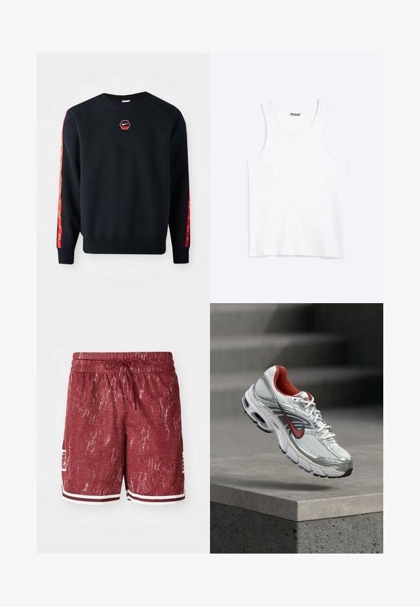 Sweatshirt marine avec un logo Nike rouge hexagonal sur la poitrine. Présente des accents rouges le long des manches et un tissu texturé et doux.; Débardeur blanc sans manches avec col rond et étiquette de la marque Weekday à l'intérieur du col arrière, présenté à plat sur un fond clair.; Shorts en maille rouge avec un motif texturé, des accents blancs et une taille avec cordon de serrage. Présente des poches latérales et un logo sur la jambe gauche.; Chaussure de running Nike blanche et argentée avec des accents rouges flottant au-dessus d’un rebord en béton, mettant en valeur ses détails latéraux et de la semelle.