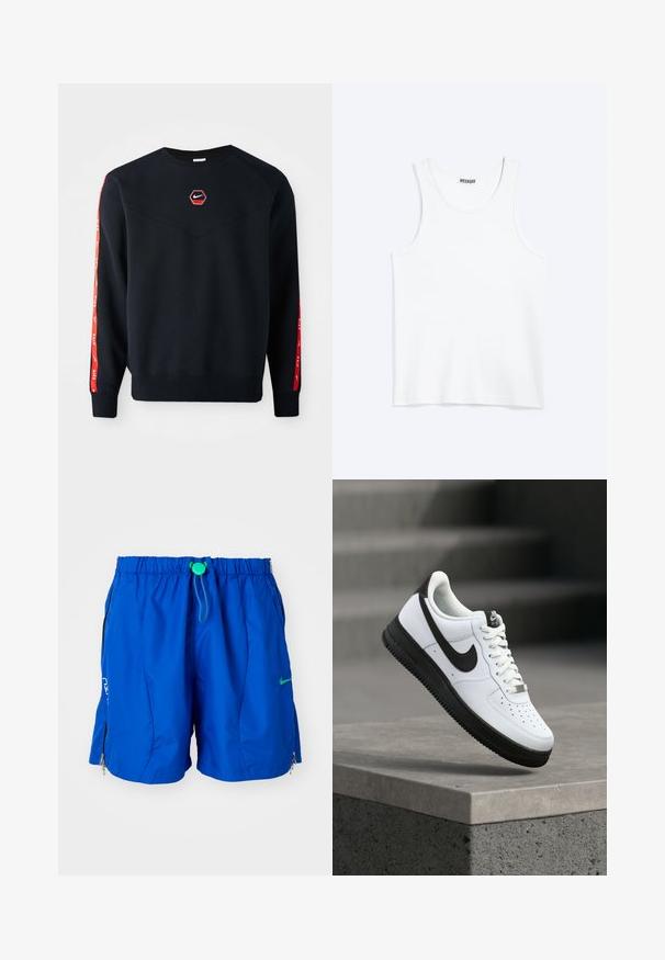 Mørkeblå sweatshirt med et sekskantet rødt Nike-logo på brystet. Har røde accenter langs ærmerne og et struktureret, blødt stof.; Hvid ærmeløs tanktop med rund halsudskæring og Weekday-mærke på den indvendige baghals, vist fladt på lys baggrund.; Blå atletiske svømmetights med elastisk talje og justerbar snøre. Har lynlåslommer og et logoaccent på forsiden.; Hvid lædersneaker med sorte detaljer, rundet tå og perforerede detaljer. Sort gummisål med tekstureret mønster og snørelukning.