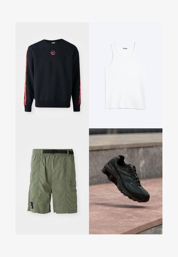 Mørkeblå sweatshirt med et sekskantet rødt Nike-logo på brystet. Har røde accenter langs ærmerne og et struktureret, blødt stof.; Hvid ærmeløs tanktop med rund halsudskæring og Weekday-mærke på den indvendige baghals, vist fladt på lys baggrund.; Olivengrønne cargoshorts med elastisk talje og sort spænde. Shortsene har en sidelomme og et struktureret stof.; Sort atletisk sneaker med synligt luftdæmpende mellemsål, der svæver over en pink stenoverflade med en grå stenvæg i baggrunden.
