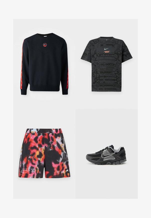 Mørkeblå sweatshirt med et sekskantet rødt Nike-logo på brystet. Har røde accenter langs ærmerne og et struktureret, blødt stof.; Sort T-shirt med et tekstureret mønster, der har en lille Nike-logo i lyseblå og en rektangulær logo-patch i kontrastfarver.; Sorte shorts med et flerfarvet abstrakt mønster i rødt, pink og blåt, med en hvid Nike Air-logo og kontrasterende sideaccenter.; Sort atletiksko med meshpaneler og syntetiske detaljer. Har en rundet tå, tyk polstret sål og kontrasterende hvide logodetaljer.