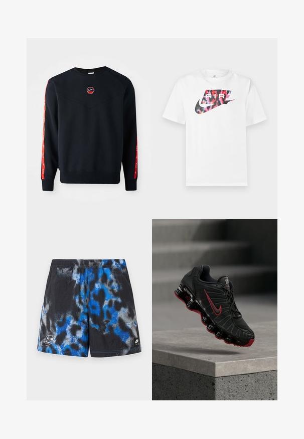 Mørkeblå sweatshirt med et sekskantet rødt Nike-logo på brystet. Har røde accenter langs ærmerne og et struktureret, blødt stof.; Hvid T-shirt med korte ærmer med en stor Nike-logo i sort og flerfarvet leopardmønster samt ordet "AIR" inde i logoet.; Sorte atletikshorts med blå og grå abstrakt mønster, elastisk taljebånd og Nike Air-logoer nederst til venstre og højre.; Sort og rød Nike atletiksko med synlig fjederlignende sål balancerende på kanten af et betontrin.