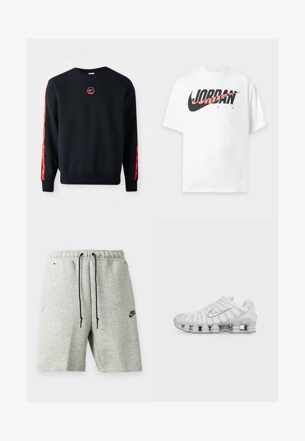 Námornícky sveter s hexagonálnym červeným logom Nike na hrudi. Obsahuje červené akcenty pozdĺž rukávov a textúrovanú, jemnú tkaninu.; Biele tričko s krátkym rukávom s veľkým čiernym a ružovým logom "JORDAN AIR" a Nike swooshom cez hruď.; Svetlosivé kraťasy Nike s čiernymi šnúrkami, elastickým pásom, bočnými vreckami a malým čiernym logom Nike na ľavej nohe.; Biela bežecká obuv Nike s viditeľnou vzduchom odpruženou podrážkou a strieborným logom Swoosh na boku, zobrazená z vonkajšej strany.
