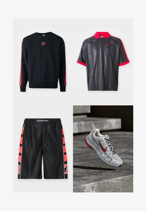 Marineblauer Sweatshirt mit einem hexagonalen roten Nike-Logo auf der Brust. Besondere Merkmale sind rote Akzente an den Ärmeln und ein strukturiertes, weiches Material.; Schwarzes Poloshirt mit kurzen Ärmeln, rotem Kragen und rotem Bündchen, dezenten vertikalen Streifen mit "Nike"-Text und rotem Nike-Swoosh-Logo auf der Brust.; Schwarze Sportshorts mit glatter Textur, seitlich mit roten Streifen und Zahlen versehen. Elastischer Bund mit "JORDAN"-Logo oben.; Weißer und grauer Nike-Laufschuh mit roten Akzenten und schwarzen Schnürsenkeln, schwebend über grauen Betonstufen.