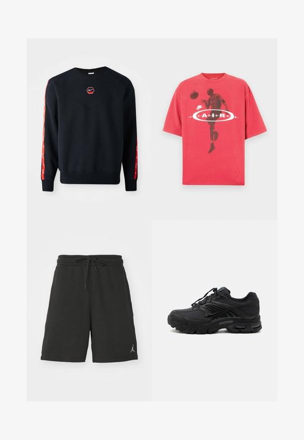 Námornícky sveter s hexagonálnym červeným logom Nike na hrudi. Obsahuje červené akcenty pozdĺž rukávov a textúrovanú, jemnú tkaninu.; Červené bavlnené tričko s okrúhlym výstrihom, voľným strihom a grafickou potlačou basketbalistu s nápisom "Jordan" a logom Nike.; Čierne športové šortky vyrobené z mäkkej tkaniny, s elastickým pásom so šnúrkou, bočnými vreckami a malým logom na ľavom stehne.; Čierna atletická teniska s texturovanou tkaninou, hrubou polstrovanou podrážkou, odvetrávacími otvormi a šnurovaním, zobrazená z boku na svetlom pozadí.
