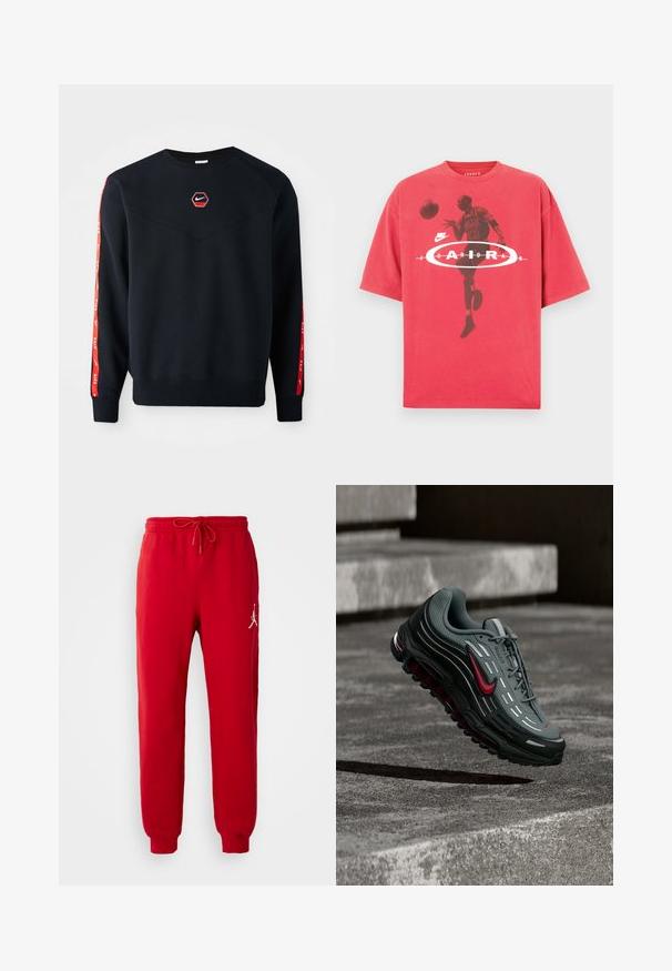 Mørkeblå sweatshirt med et sekskantet rødt Nike-logo på brystet. Har røde accenter langs ærmerne og et struktureret, blødt stof.; Rød bomulds-t-shirt med rund hals, løs pasform og et grafisk tryk af en basketballspiller med teksten "Jordan" og Nike-logo.; Røde bomulds sweatpants med elastisk talje og snor. Funktioner et hvidt Jordan-logo på venstre side. Tapered ben-design.; Grå og sort atletiksko med røde detaljer og reflekterende striber, der svæver over en tekstureret betonoverflade med trin i baggrunden.