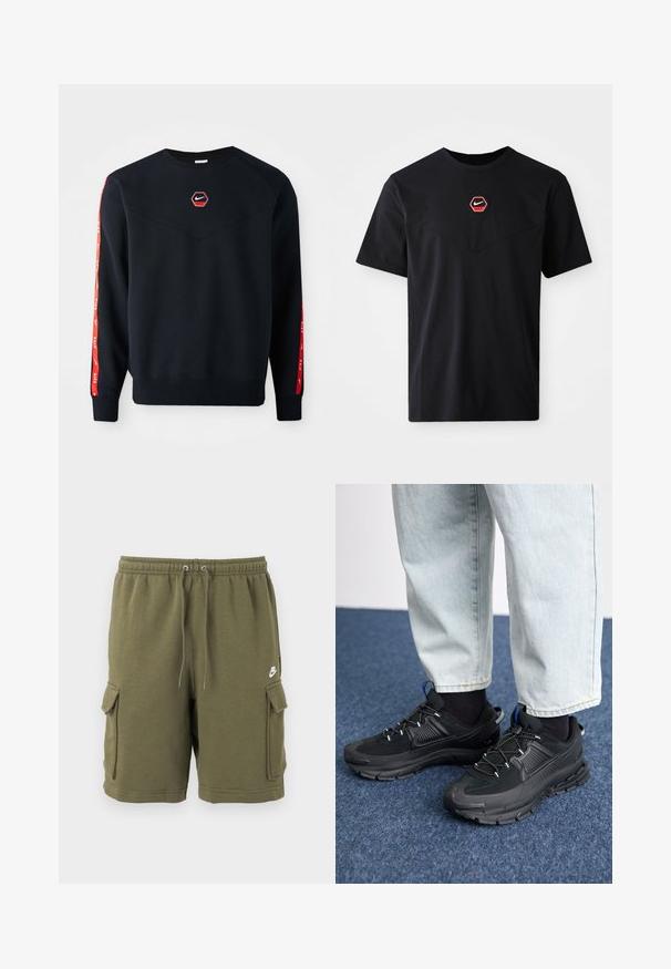 Marineblauw sweatshirt met een hexagonaal rood Nike-logo op de borst. Kenmerkt zich door rode accenten langs de mouwen en een gestructureerde, zachte stof.; Zwart T-shirt met korte mouwen van katoen, met een zeshoekig rood-wit Nike-logo op de borst en een ronde hals.; Olivengroene Nike cargoshorts met elastische tailleband, verstelbare trekkoord, steekflapzakken aan de zijkant en een klein wit Nike-logo op de linkerdij.; Zwarte sportschoenen met gestructureerde stof en rubberen zolen, met elastische veters en een blauwe accent op de hiel. Draag samen met lichte spijkerbroeken.