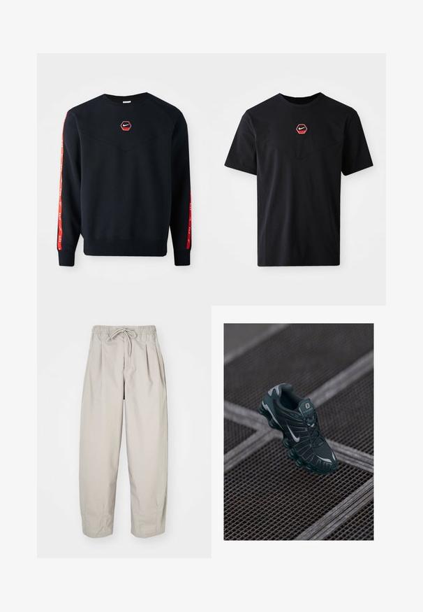 Sudadera azul marino con un logo hexagonal rojo de Nike en el pecho. Presenta detalles rojos a lo largo de las mangas y un tejido suave y texturizado.; Camiseta negra de mangas cortas hecha de algodón, con un logo hexagonal de Nike en rojo y blanco en el pecho y un escote redondeado.; Pantalones ligeros color beige con cintura elástica y cordón de ajuste. Presentan pliegues y un corte holgado, elaborados con una tela suave y lisa.; Zapatilla Nike Shox de color verde oscuro con parte superior de malla, acentos de goma y suela acolchada distintiva. Logo de Nike en plata en el lateral. Detalles texturizados visibles.