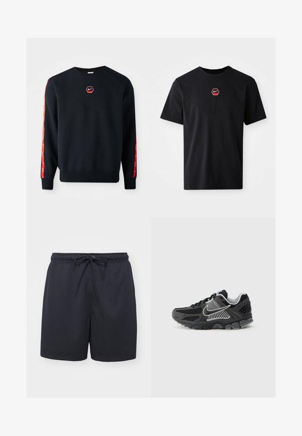Mørkeblå sweatshirt med et sekskantet rødt Nike-logo på brystet. Har røde accenter langs ærmerne og et struktureret, blødt stof.; Sort kortærmet T-shirt i bomuld med et sekskantet rødt og hvidt Nike-logo på brystet og en rund halsudskæring.; Sorte atletiske shorts lavet af tekstureret, åndbart stof; har en elastisk talje med en snor for justerbar pasform.; Sort atletiksko med meshpaneler og syntetiske detaljer. Har en rundet tå, tyk polstret sål og kontrasterende hvide logodetaljer.