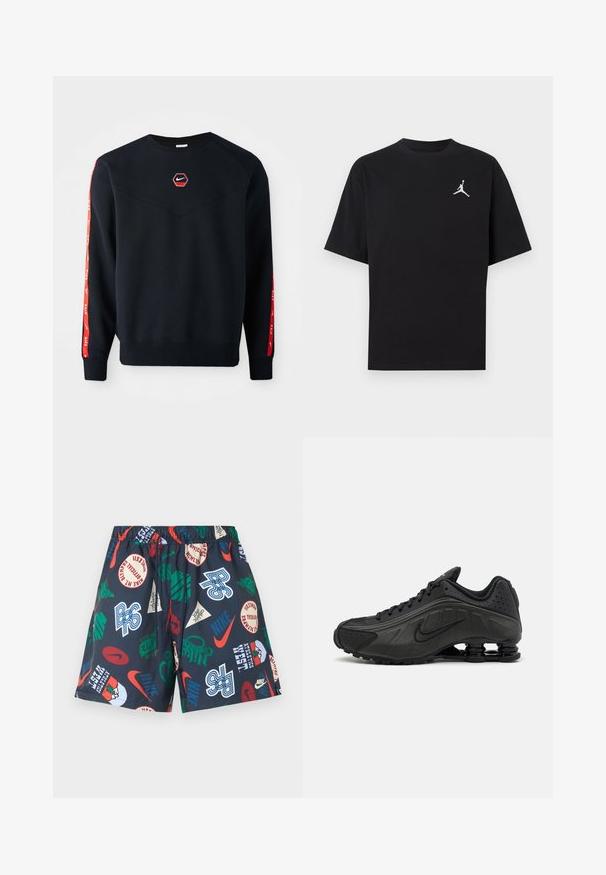 Marineblauer Sweatshirt mit einem hexagonalen roten Nike-Logo auf der Brust. Besondere Merkmale sind rote Akzente an den Ärmeln und ein strukturiertes, weiches Material.; Schwarzes Baumwoll-T-Shirt mit kurzen Ärmeln, versehen mit einem weißen Jumpman-Logo auf der linken Brust. Rundhalsausschnitt, normale Passform und glatte Textur.; Marineblaue Shorts mit elastischem Bund, versehen mit mehrfarbigen Nike-Logos, Texten und grafischen Aufnähern in Rot, Grün, Weiß und Blau.; Schwarze Laufschuhe mit einem glatten synthetischen Obermaterial, durchbrochenen Akzenten, strukturierten Seitenpaneelen und einer ausgeprägten federnden Sohle.