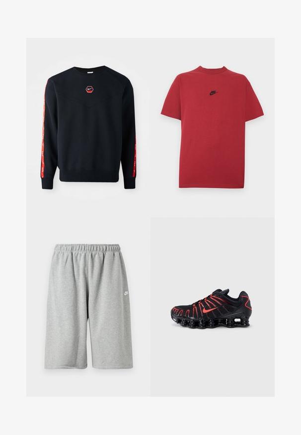 Mørkeblå sweatshirt med et sekskantet rødt Nike-logo på brystet. Har røde accenter langs ærmerne og et struktureret, blødt stof.; Rød bomuld t-shirt med et sort Nike-logo på brystet, korte ærmer, rund halsudskæring og almindelig pasform. Glat tekstur.; Grå bomuldsshorts med elastik i taljen, med løs pasform og et lille hvidt logo nær kanten. Glat tekstur, længde over knæet.; Sorte atletiksko med røde detaljer, der har en struktureret mesh-overdel, et unikt bølget design og en formstøbt polstret sål.