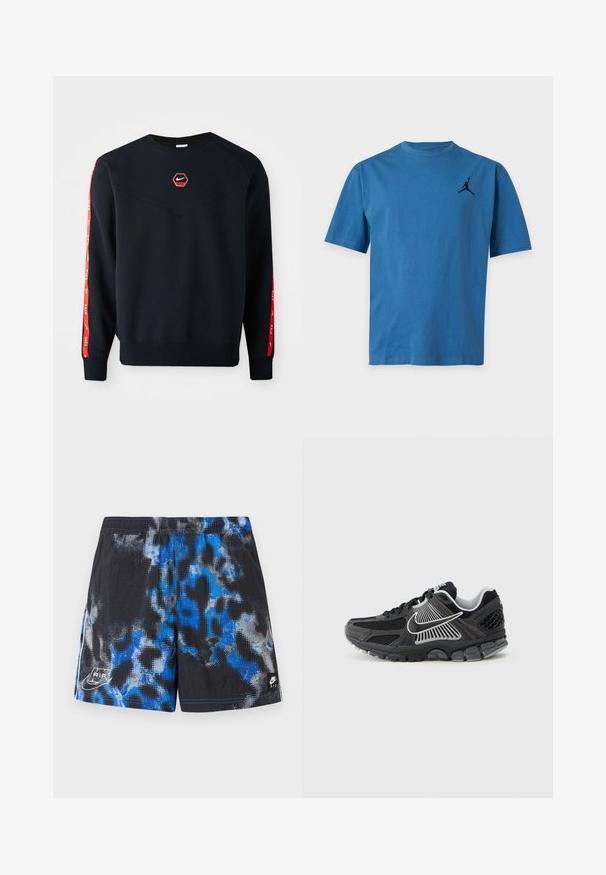 Námornícky sveter s hexagonálnym červeným logom Nike na hrudi. Obsahuje červené akcenty pozdĺž rukávov a textúrovanú, jemnú tkaninu.; Modré tričko s krátkym rukávom a okrúhlym výstrihom s malým čiernym logom basketbalistu na hornej ľavej strane hrudníka.; Čierne športové šortky s modro-šedým abstraktným vzorom, elastickým pásom a logami Nike Air na spodnej ľavej a pravej strane.; Čierna športová obuv s panelmi z sieťoviny a syntetickými detailmi. Má zaoblenú špičku, hrubú odpruženú podrážku a kontrastné biele logo.