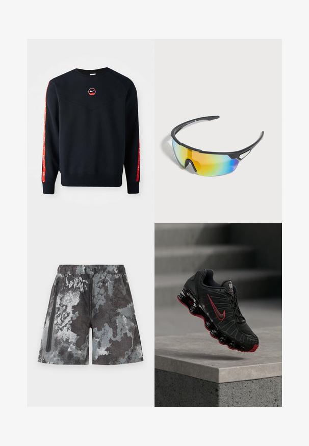 Námornícky sveter s hexagonálnym červeným logom Nike na hrudi. Obsahuje červené akcenty pozdĺž rukávov a textúrovanú, jemnú tkaninu.; Pánske športové šortky so sivým a čiernym abstraktným maskáčovým vzorom, elastickým pásom so šnúrkou a bočným vreckom na zips.; Čierno-červená športová obuv Nike s viditeľnou pružinovou podrážkou, balansujúca na okraji betónového schodu.; Čierne športové slnečné okuliare s obopínajúcimi šošovkami s dúhovým zafarbením a ľahkým rámom navrhnuté pre vonkajšie aktivity.
