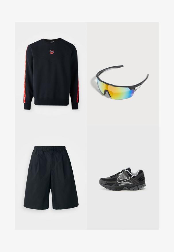 Marineblauer Sweatshirt mit einem hexagonalen roten Nike-Logo auf der Brust. Besondere Merkmale sind rote Akzente an den Ärmeln und ein strukturiertes, weiches Material.; Schwarze Shorts mit elastischem Bund und verstellbarem Kordelzug. Aus einem glatten Stoff gefertigt, mit lockerer Passform und ohne sichtbare Muster.; Schwarzer Sportschuh mit Mesh-Einsätzen und synthetischen Akzenten. Verfügt über eine abgerundete Zehenpartie, eine dicke gepolsterte Sohle und kontrastreiche weiße Logodetails.; Schwarze Sportsonnenbrille mit rahmenumfassenden, regenbogengetönten Gläsern und leichtem Rahmen, entworfen für Outdoor-Aktivitäten.