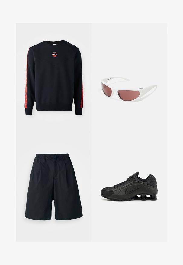 Mørkeblå sweatshirt med et sekskantet rødt Nike-logo på brystet. Har røde accenter langs ærmerne og et struktureret, blødt stof.; Sorte shorts med elastisk talje og justerbar snor. Lavet af et glat stof, med en løs pasform og uden synlige mønstre.; Sorte løbesko med en glat syntetisk overdel, perforerede detaljer, teksturerede sidedele og en distinkt fjedrende sål.; Arnette NINETEETWO - Solbriller - white