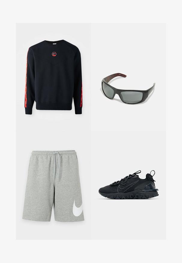 Tumed sweatshirt, millekute punane Nike logo rinnal. Hõlmab punaseid aktsente varrukatel ja tekstureeritud pehmet kangast.; Helesed hallid spordipüksid elastse vöökoha, nööri ja suure valge Nike Swoosh logoga vasaku jala alumisel osal.; Must mustreesne tossudega, millel on hingav võrkmaterjalist pealis, tekstureeritud detailid ja laineline kummist tallaosa. Omab peegelduvat logo ja sidumise süsteemi.; Arnette HOT SHOT - Päikeseprillid - dark grey