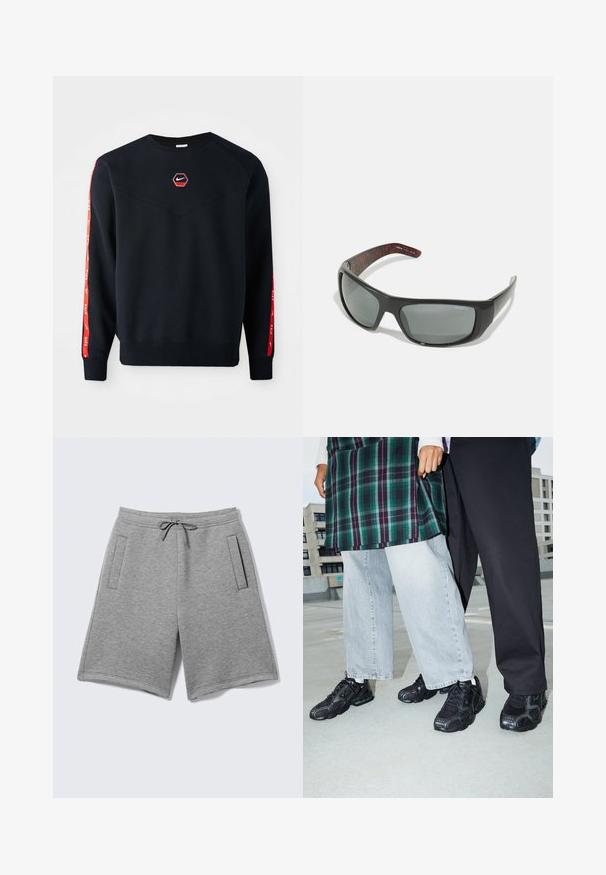 Námornícky sveter s hexagonálnym červeným logom Nike na hrudi. Obsahuje červené akcenty pozdĺž rukávov a textúrovanú, jemnú tkaninu.; Svetlosivé bežné šortky s nastaviteľným sťahovacím pásom a dvoma vertikálnymi bočnými vreckami na jednofarebnom pozadí.; Čierne športové topánky s sieťovinou a gumovými akcentmi. Nosené s svetlošedými širokými džínsami a kockovaným zeleným topom. Pozadie s plochým povrchom.; Arnette HOT SHOT - Slnečné okuliare - dark grey