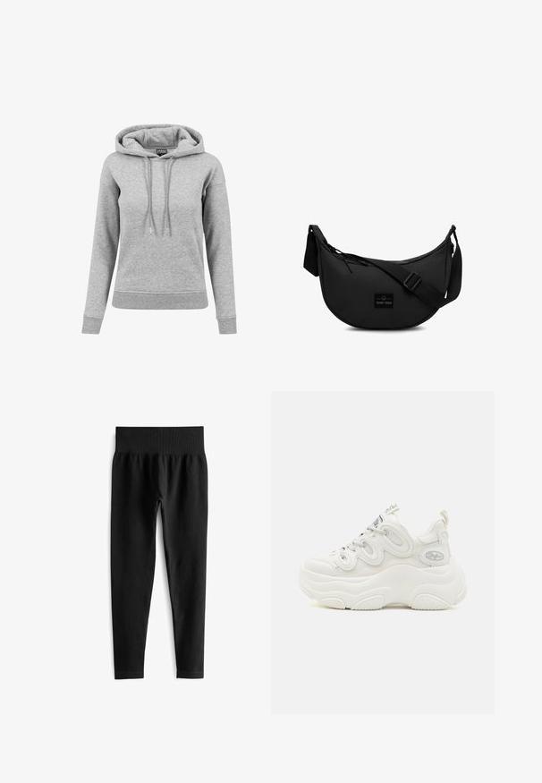 Lysegrå langærmet hættetrøje med snore, ribbet manchetter og kant samt synligt mærke inde i kraven.; Sorte ribbede leggings med en bred elastisk talje, der har en tætsiddende silhuet og en glat tekstur. Ingen synlig hardware eller mønstre.; Hvide chunky sneakers med overdel i mesh og syntetisk materiale, buet form, tekstureret sål og fremtrædende snøresystem med logo detaljer.; Sort crossbody taske lavet af holdbart stof, med en rund form, justerbar rem og et logo-patch på forsiden.