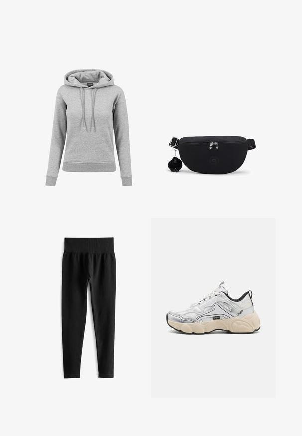 Lichtgrijze hoodie met lange mouwen met aantrekkoorden, geribde manchetten en zoom, en een zichtbaar merkembleem aan de binnenkant van de kraag.; Zwarte geribde leggings met een brede elastische tailleband, met een aansluitende pasvorm en een gladde textuur. Geen zichtbare hardware of patronen.; Witte sportschoen met mesh- en synthetische panelen, zilveren accenten, een chunky crèmekleurige zool en contrasterende zwarte details. Voorzien van een vetersysteem.; Zwarte heuptas met dubbele ritssluiting, verstelbare band en een kleine pluchen apensleutelhanger aan de zijkant bevestigd.