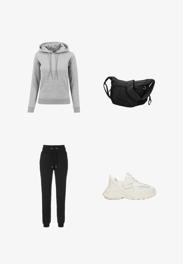 Lichtgrijze hoodie met lange mouwen met aantrekkoorden, geribde manchetten en zoom, en een zichtbaar merkembleem aan de binnenkant van de kraag.; Zwarte joggingbroek van katoen, met een hoge elastische tailleband, koordsluiting en aansluitende boorden bij de enkels.; Robuuste witte sneakers met een textuur bovenkant met mesh details, dikke rubberen zool, ronde neus en decoratieve accenten aan de zijkanten.; Zwarte crossbodytas met verstelbare riem, ritssluiting en subtiele rasterpatroon textuur.