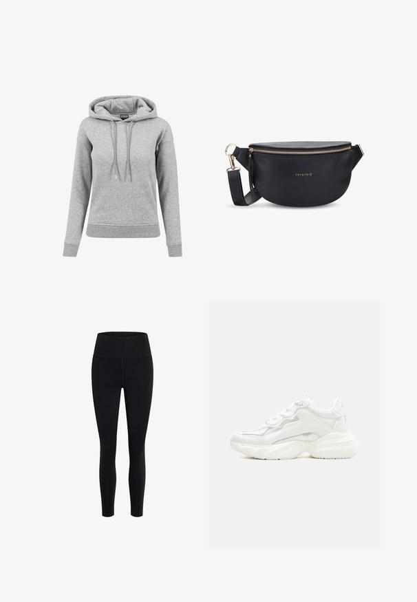 Lysegrå langærmet hættetrøje med snore, ribbet manchetter og kant samt synligt mærke inde i kraven.; Girlfriend Collective FLOAT HIGH RISE LEGGING 7/8 - Tights - black; Hvid chunky sneaker med tyk sål, snørelukning foran og glat syntetisk overdel med subtile syningsdetaljer.; Sort læder bumbag med en afrundet form, guld lynlås og logoet "EXPATRIÉ." Indeholder en justerbar rem og frynse detaljer.