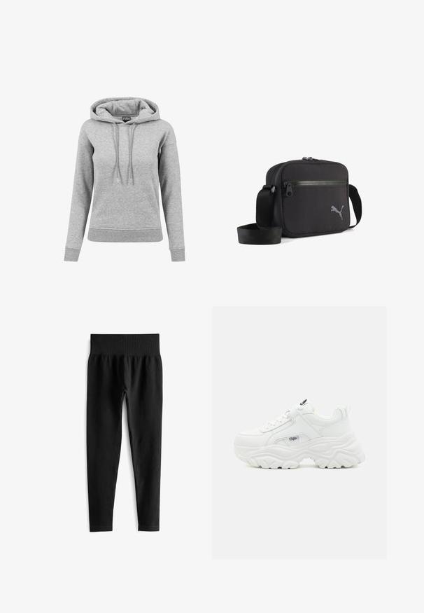 Lichtgrijze hoodie met lange mouwen met aantrekkoorden, geribde manchetten en zoom, en een zichtbaar merkembleem aan de binnenkant van de kraag.; Zwarte geribde legging met een brede, elastische tailleband. De stof lijkt rekbaar en gestructureerd, eindigend net boven de enkel.; Witte chunky sneakers met een soepel leren bovenwerk, ronde neus en een dikke, gestructureerde zool met een zichtbaar merklogo aan de zijkant.; Zwarte stoffen schoudertas met een rechthoekige vorm, voorzien van een ritssluiting, een gestructureerd oppervlak en een grijs geborduurd logo aan één kant.