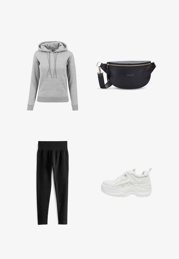 Lysegrå langærmet hættetrøje med snore, ribbet manchetter og kant samt synligt mærke inde i kraven.; Sorte ribbede leggings med en bred, elastisk talje. Stoffet ser strækbart og struktureret ud og slutter lige over anklen.; Hvid chunky sneaker med tyk sål, snørelukning foran, polstret krave og trækstykke på hælen.; Sort læder bumbag med en afrundet form, guld lynlås og logoet "EXPATRIÉ." Indeholder en justerbar rem og frynse detaljer.