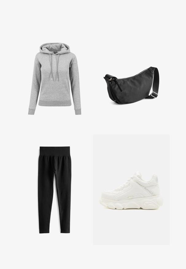 Lichtgrijze hoodie met lange mouwen met aantrekkoorden, geribde manchetten en zoom, en een zichtbaar merkembleem aan de binnenkant van de kraag.; Zwarte geribde legging met een brede, elastische tailleband. De stof lijkt rekbaar en gestructureerd, eindigend net boven de enkel.; Witte chunky sneaker met dikke zool, vetersluiting en "Buffalo"-branding op de zijkant en hiel.; Zwarte stoffen schoudertas met een gebogen vorm, ritssluiting en verstelbare schouderband. Heeft een gladde textuur en een minimalistisch ontwerp.